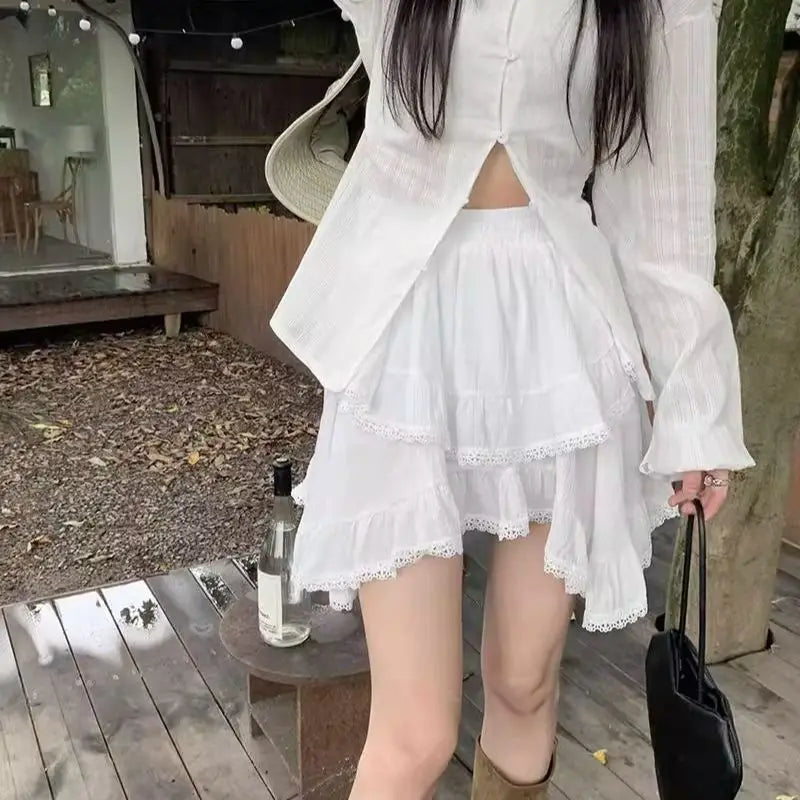 BXOXO Mini Skirts Women Irregular Lace Patchwork Ruffles Stretch High Waist 2025 Summer Fashion Sweet Skirt Female Casual
