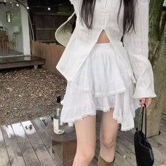 BXOXO Mini Skirts Women Irregular Lace Patchwork Ruffles Stretch High Waist 2025 Summer Fashion Sweet Skirt Female Casual