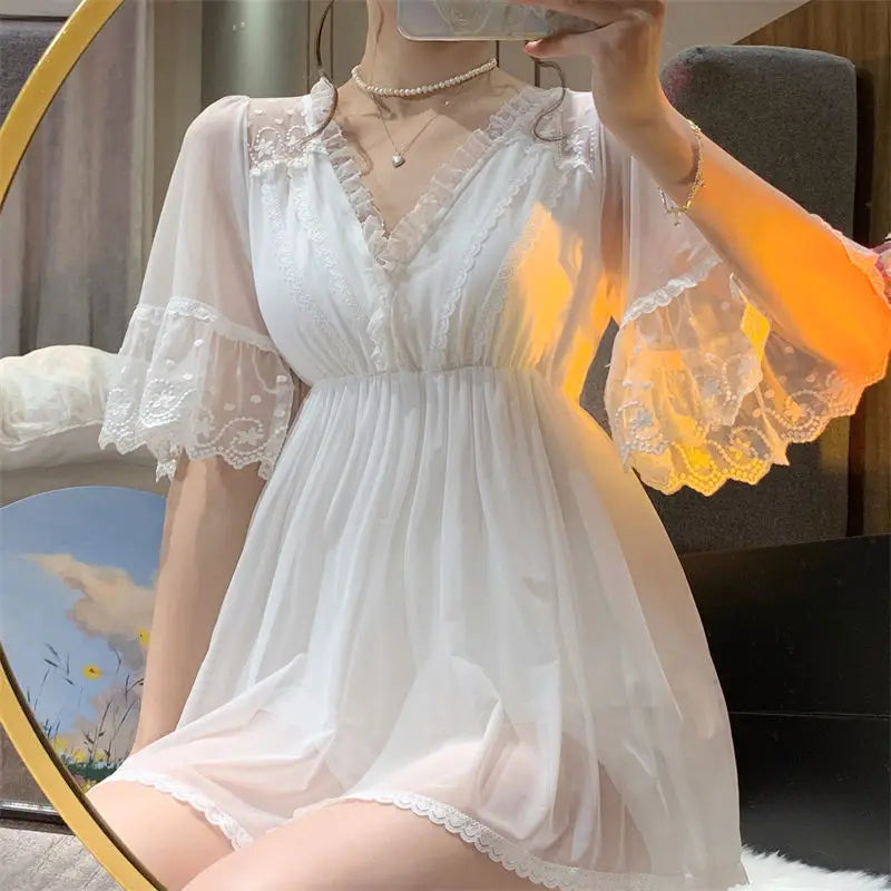 Bxoxo Female White Lace Long Nightgown Sleepwear Retro Palace Style Princess Nightdress Bath Robe Summer Loose Home Dress Nightwear