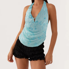 BXOXO Women Halter Tops Summer Beaded Floral Pattern Backless Shirts Vest for Streetwear Y2K Aesthetic Grunge Clothes