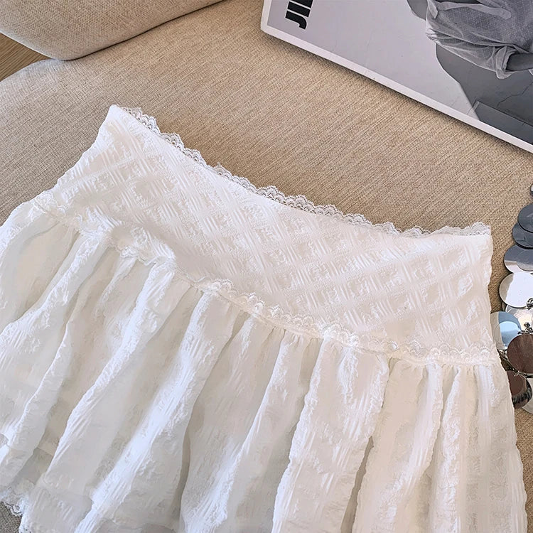 BXOXO Balletcore Ruffled Mini Skirt with Lace Trim Low Rise Tiered White Skirt Summer Women TeenGirl Y2K Goth Outfit