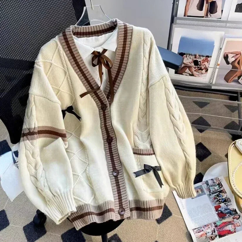 BXOXO Sweet Bow Knitted Cardigans Y2k Aesthetic All Match Contrast Color Coats Fashion Single Breasted Women Kawaii JK Sweaters Jumper