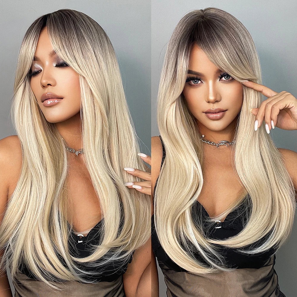 BXOXO Light Blonde Golden Hair Long Silky Straight Synthetic Wig for Women Blonde Natural Hairs Wig Daily Lolita Heat Resistant Wigs