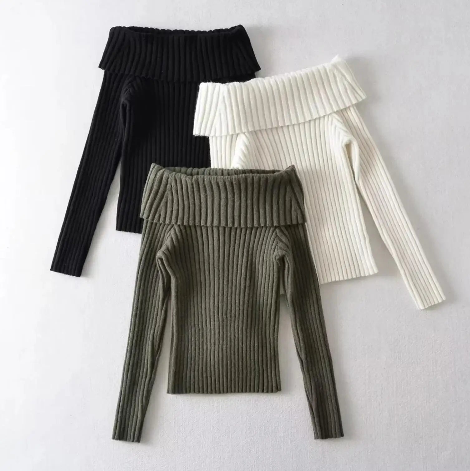Bxoxo Autumn Winter Solid Color Rib Knitted Off the Shoulder Pullover Sweater Sexy Women Full Sleeve Slim Stretch Knitwear Jumper