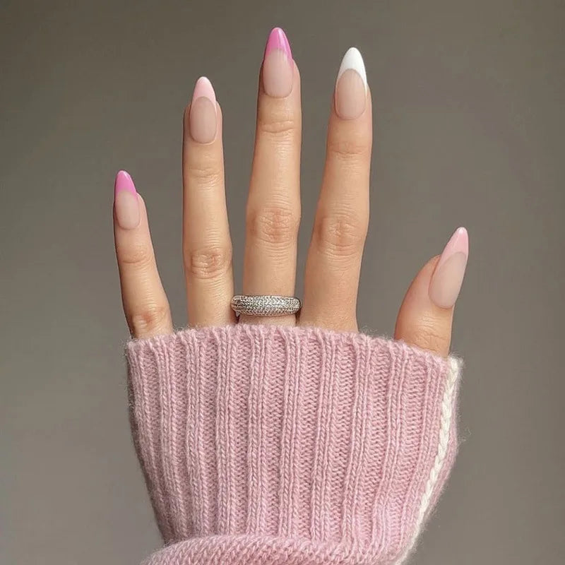 Bxoxo 24P French Oval False Nails Girls White Edge Design Nude Color Wearable Press on Nail Full Cover Short Acrylic Almond Fake Nails