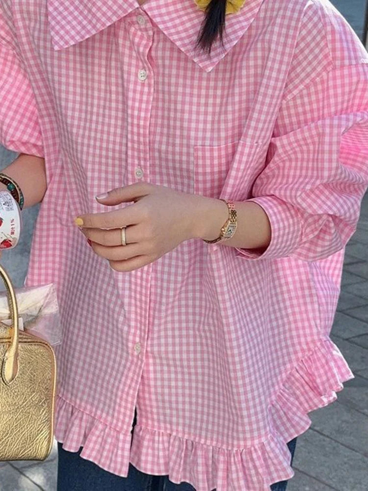 Bxoxo Vintage Black Plaid Shirt Women Loose Sweet Preppy Style Long Sleeve Blouse Fall Casual Retro Cute All Match Female Tops New