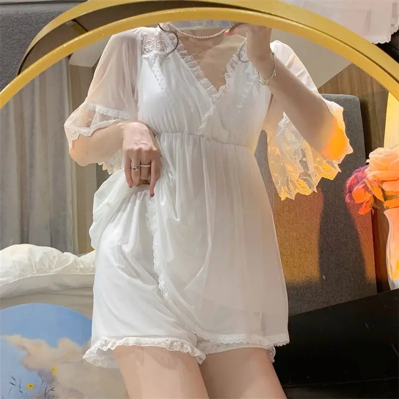 Bxoxo Female White Lace Long Nightgown Sleepwear Retro Palace Style Princess Nightdress Bath Robe Summer Loose Home Dress Nightwear