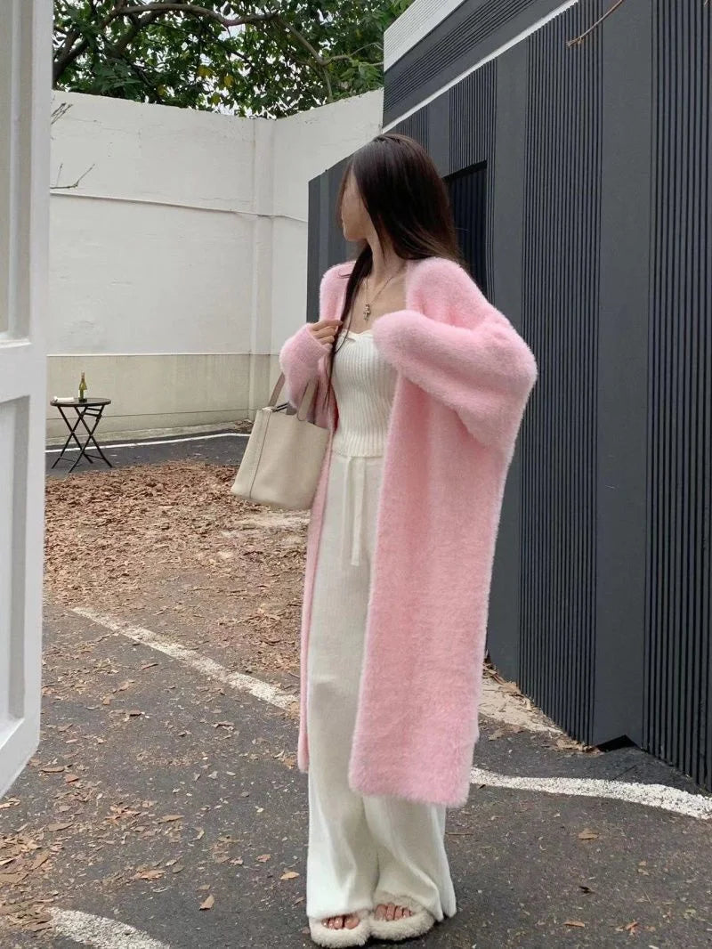 Bxoxo New Imitation Mink Coat Slimming Autumn And Winter Loose Fitting Long Sweater Thickened Lazy Knitted Cardigan Jacket White