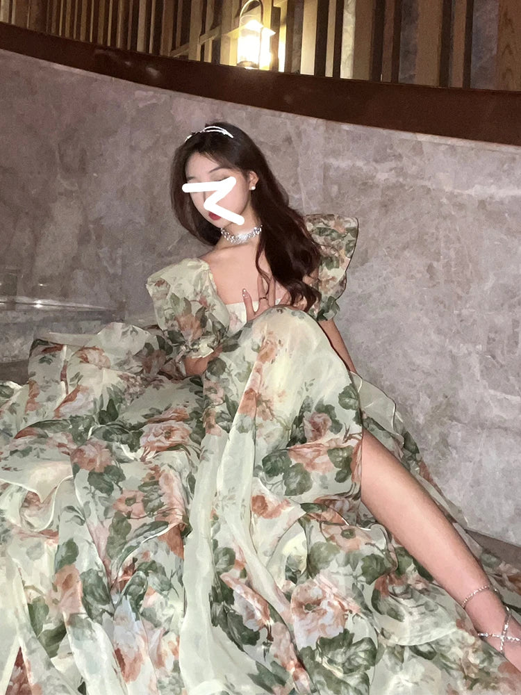 Bxoxo Summer Even Floral Dress Women Casual Short Sleeve Long Dress Office Lady Birthday Party Formal Dress Korean Holiday Chic