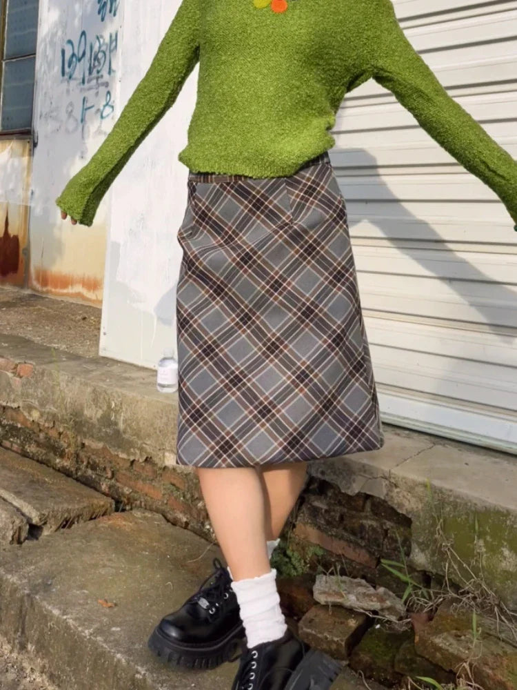 BXOXO Grey Plaid Skirts Women Autumn High Waist French Temper College A-line Skirt Faddish Simple Retro Designer Knee-length Faldas