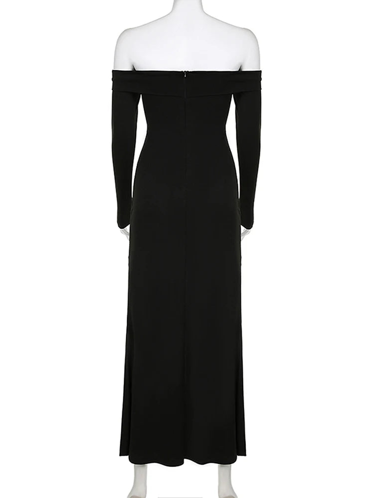 BXOXO Holiday Elegant Folds Split Dress Dark Slim Solid Slash Neck Long Sleeve Maxi Dresses For Women Autumn Winter Lady