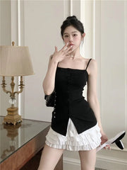 Bxoxo French Elegant Pure Camis Women Summer Sexy Spaghetti Straps Square Collar Tank Tops Korean Chic Single Breasted Female Vest
