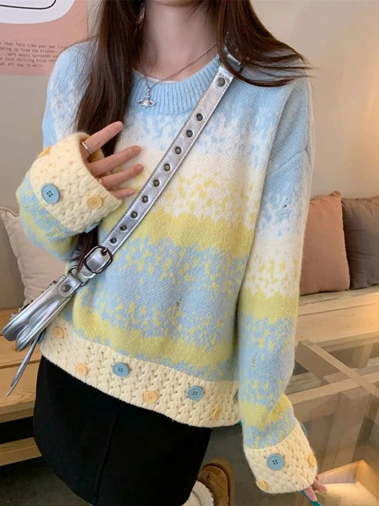 Bxoxo Hole Y2K Gradient Striped Sweater Women Vintage Preppy Style Long Sleeve Knitted Pullovers Casual O Neck Buttons Sweet Jumper