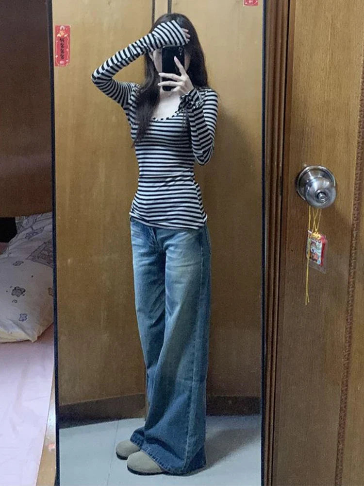 BXOXO Y2k Aesthetics Stripes Button Tops Women Harajuku Slim Fit Casual T-shirt Vintage Sexy Long Sleeve Split Shirts Grunge E-girls