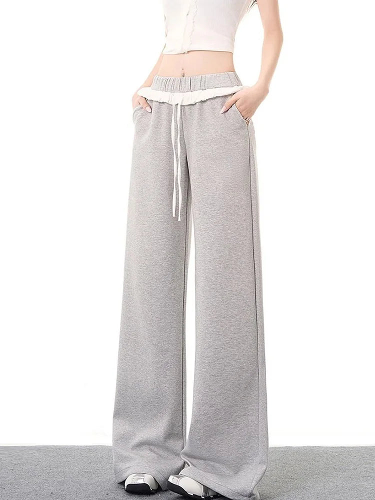 Bxoxo Elegant Vintage Gray Sweatpants Women High Waist Korean Sweet Wide Leg Pant Fall Retro Loose Ruffles Pockets Lady Trousers