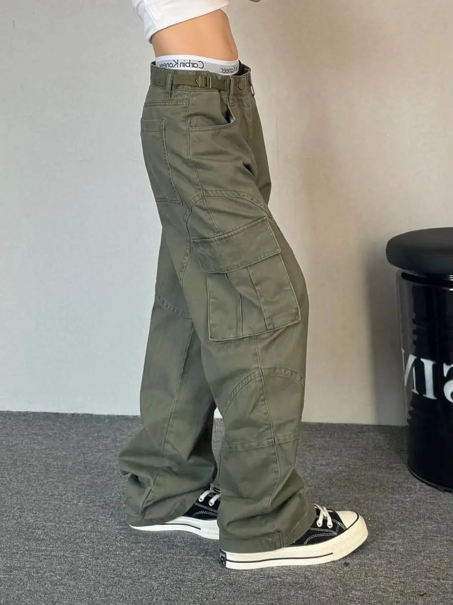 Bxoxo Y2k Green Vintage Cargo Pants Women Harajuku Multiple Pockets Korean Fashion Denim Pants Baggy Hip Hop Trousers Spring
