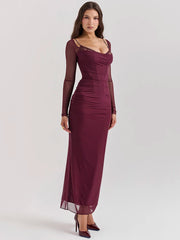 BXOXO  Elegant Sheer Long Sleeve Sexy Maxi Dress For Women Fashion Mesh Strapless Backless Club Party Sexy Long Dress