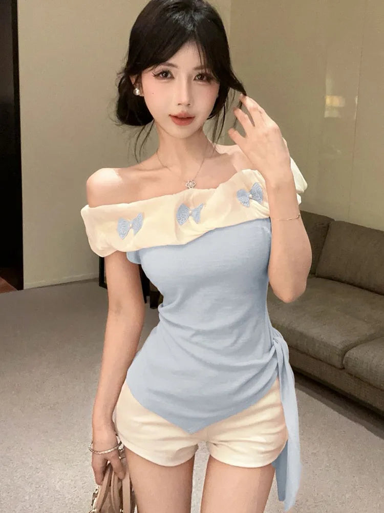 BXOXO Sexy Off Shoulder Slim T Shirt Women Elegant Fashion Slash Neck Sweet Tees Korean Lace Up Design Irregular Butterfly Tops