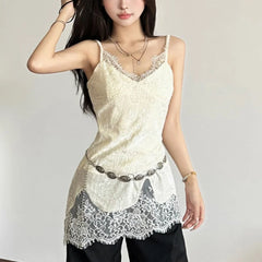 Bxoxo Lace Patchwork V-Neck Camis Women Y2K Summer Sexy Spaghetti Straps Sleeveless Tank Korean Fashion Irregular Female Vest