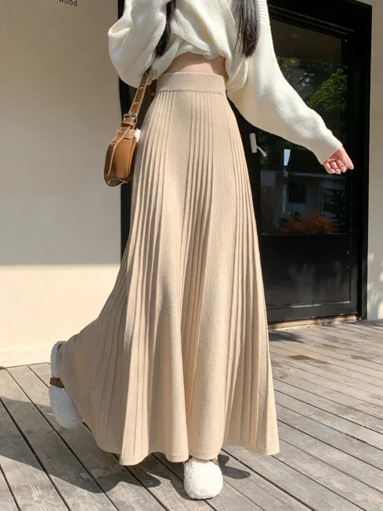 Bxoxo Knitted Long Pleated Skirt Autumn and Winter Elegant Temperament Skirts for Women Fashion Versatile High-waisted Long Skirt