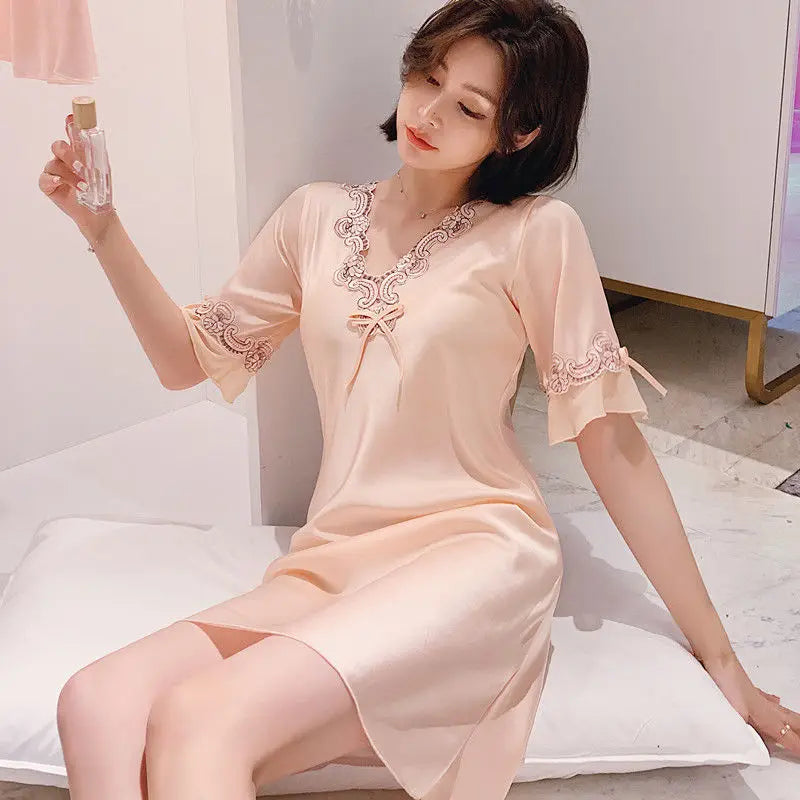 Bxoxo Female White Lace Long Nightgown Sleepwear Retro Palace Style Princess Nightdress Bath Robe Summer Loose Home Dress Nightwear
