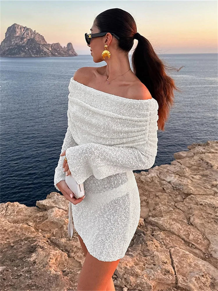 BXOXO Fashion Mesh Patchwork Dress Women Knitted Elegant Ruched Slash Neck Flared Sleeve Vacation Beach Party Mini Bodycon