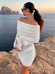 BXOXO Fashion Mesh Patchwork Dress Women Knitted Elegant Ruched Slash Neck Flared Sleeve Vacation Beach Party Mini Bodycon