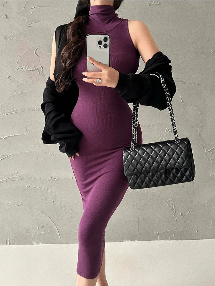 BXOXO Red Skinny Sexy Turtleneck Midi Dress Women Evening Party Ladies Elastic Hip Wrap Elegant Bodycon Dresses Y2k Clothing
