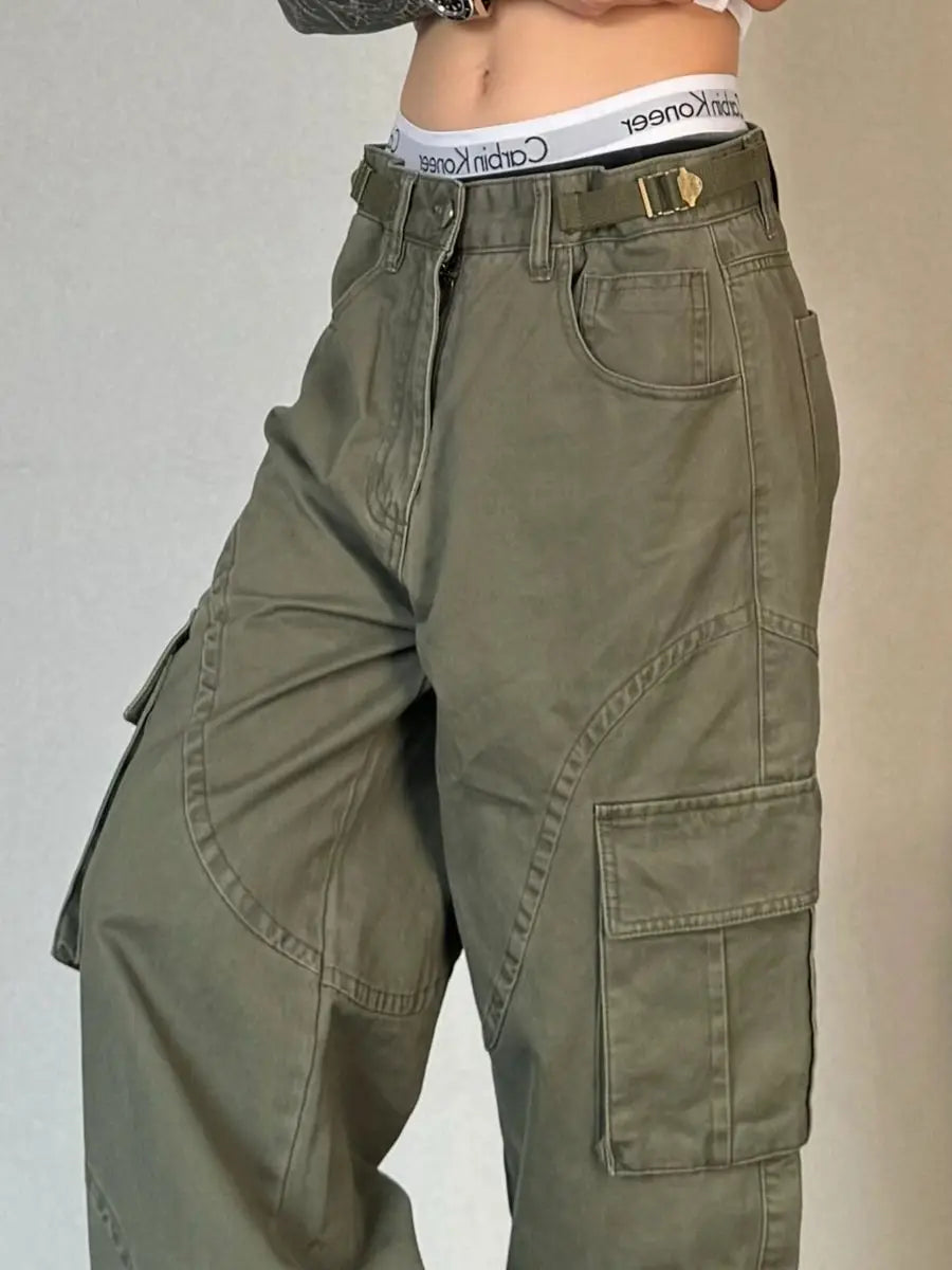 Bxoxo Y2k Green Vintage Cargo Pants Women Harajuku Multiple Pockets Korean Fashion Denim Pants Baggy Hip Hop Trousers Spring