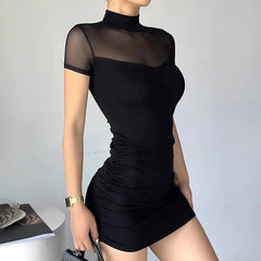 BXOXO Mock Neck Y2k Bodycon Mini Dresses Gothic Women Mesh Patchwork Sheer Party Dress