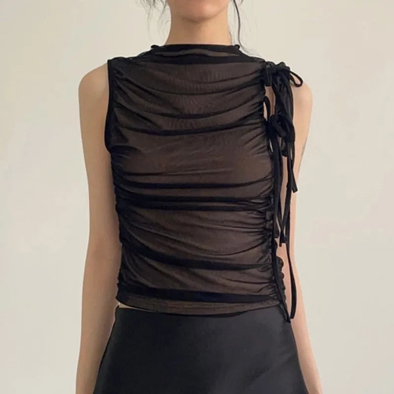 BXOXO Y2k Grunge Tops Women Hollow Out Sleeveless Mesh Tops Streetwear Vintage Retro Tank Tops Lace Up 2000s Japanese Vest