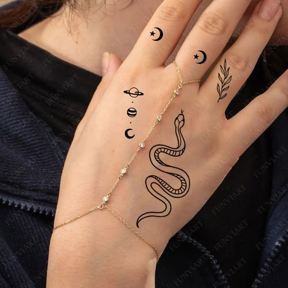 BXOXO Small Tattoo Stickers for Finger Flower Snake Moon Leaf Design Temporary Tattoos for Hand Body Decor Fake Tattoo for Women