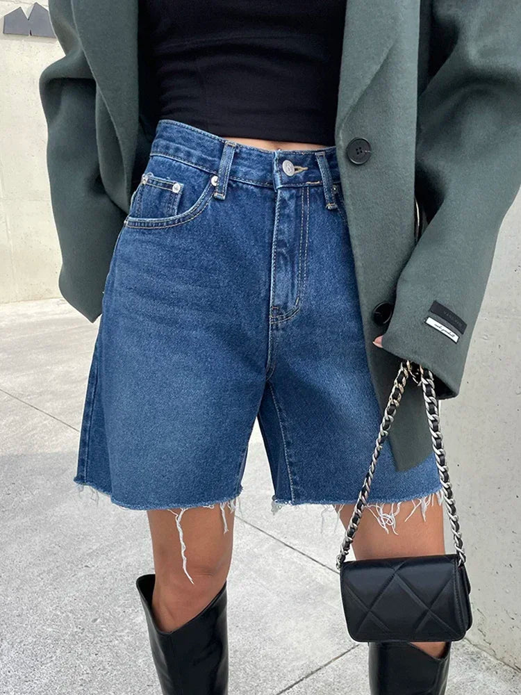 Bxoxo Summer Blue Ragged Edge Retro Versatile Denim Shorts Women's New Korean Fashion High Waist Straight Simple Women's Short Jeans
