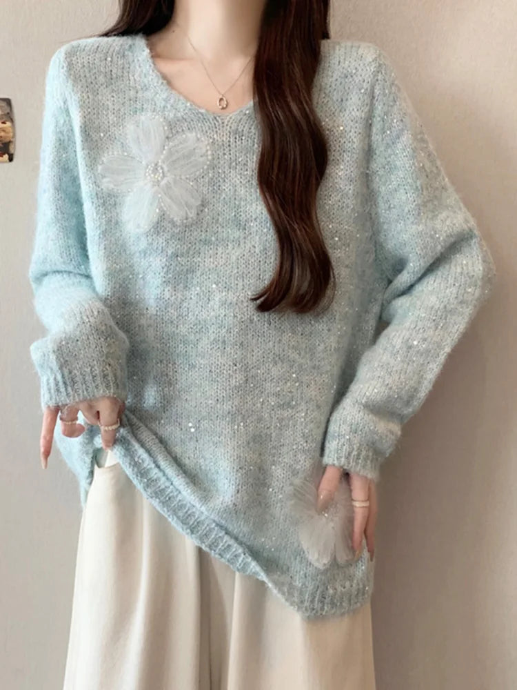 Bxoxo 3D Floral Sweet Sweaters Women Loose Fashion V Neck Elegant Knitted Jumper Casual Chic Korean Female Fall Winter Long Sleeve Top