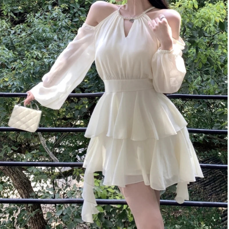 Bxoxo Elegant Chiffon Dresses for Women Fairycore Casual White Dress Sweet Korean Fashion Off Shoulder Summer Mini Dress Slim