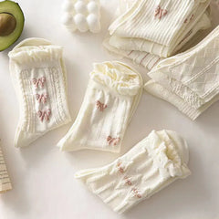 BXOXO Simple White Socks Versatile Lovely Bowknot Small Flowers Women's Medium Tube Socks kawaii Harajuku jk Lolita Girls Cotton Socks