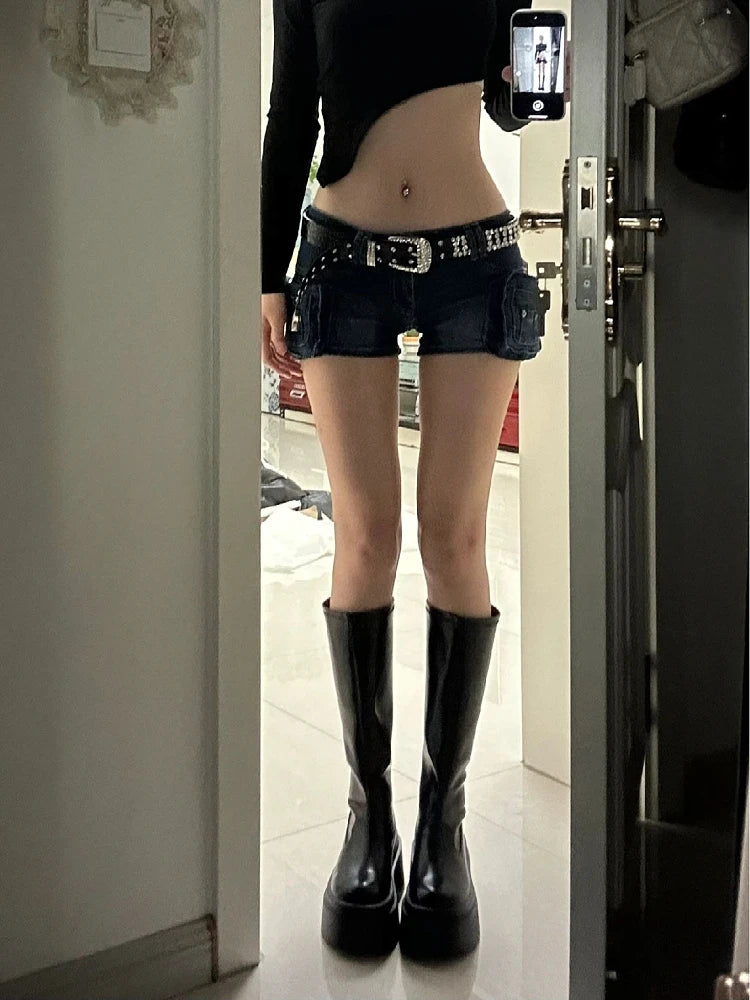 Bxoxo Woman Casual Hot Slim Pants Low Waist Jean Solid Color Wash shorts Goblin Denim Shorts Y2k Classical Sexy Gyaru Dark Academia