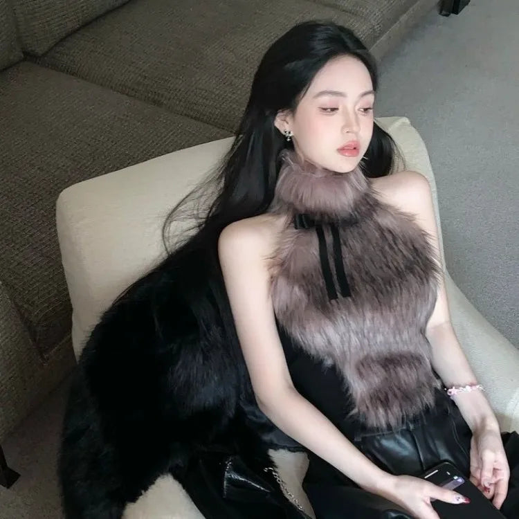 BXOXO 2025 Spring New Bow Halter Camisole Mujer Sexy Slim Fit Fluffy Vest for Women Y2k E-Girl Sleeveless Bottoming Tank Top