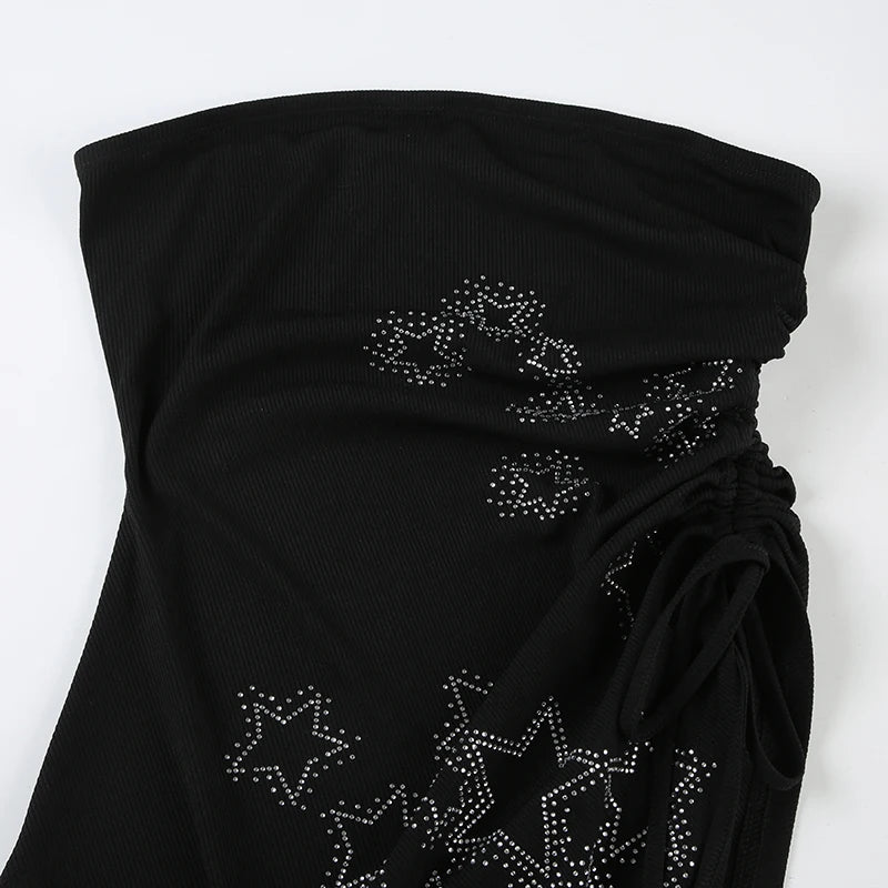 BXOXO Star-shaped Rhinestone Slit Crop Top Asymmetric Drawstring Lace-up Strapless Tube Tops for Women y2k Aesthetic Summer Tee