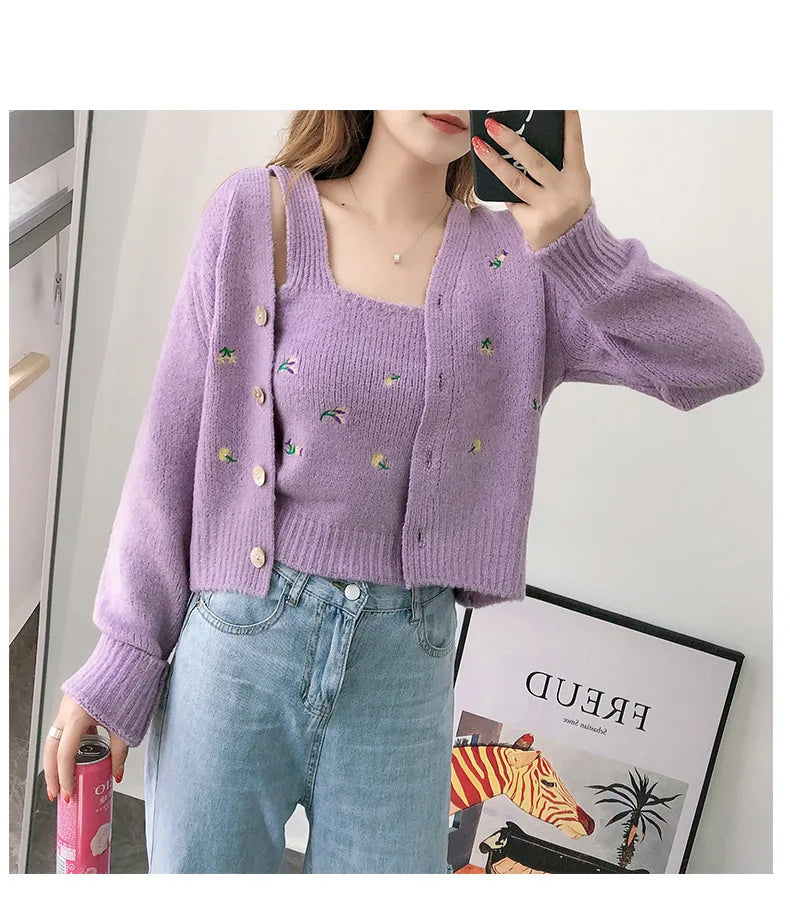 Bxoxo Two-piece Top Suit Flower Embroidered Knitted Korean Style Cardigan Autumn Fashion Sling Sweater Slim Sweet Jacket Sets