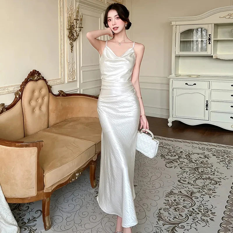 Bxoxo Sexy Backless Satin Camis Dress Women Summer French Spaghetti Straps Slim Midi Dress Female Elegant Solid A Line Dress New