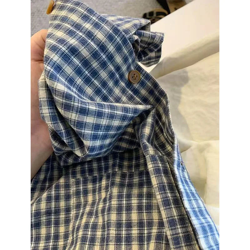 Bxoxo Vintage Blue Plaid Shirts for Women Casual Loose Long Sleeve Checkered Blouses Bf Summer Streetwear Lapel Shirt New