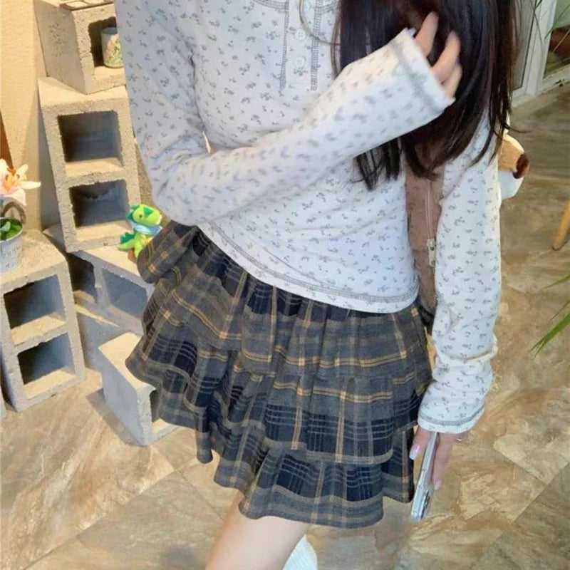 BXOXO Plaid Ruffle Mini Skirt Women Kawaii Japanese Style Harajuku Vintage Short Skirts Cutecore Street Pleated Layered Skirt