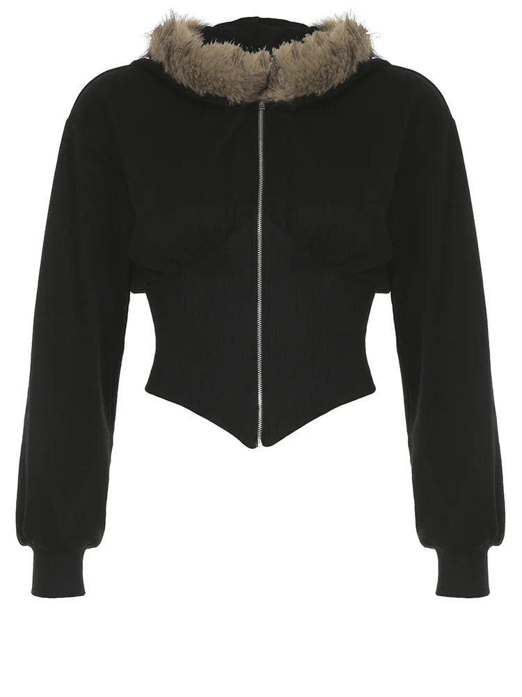 BXOXO Zip Up Fur Neck Hoodie Coats Fashion Slim Solid Y2K Vintage Women's Jackets Casual Streetwear Chic Basics Clothes