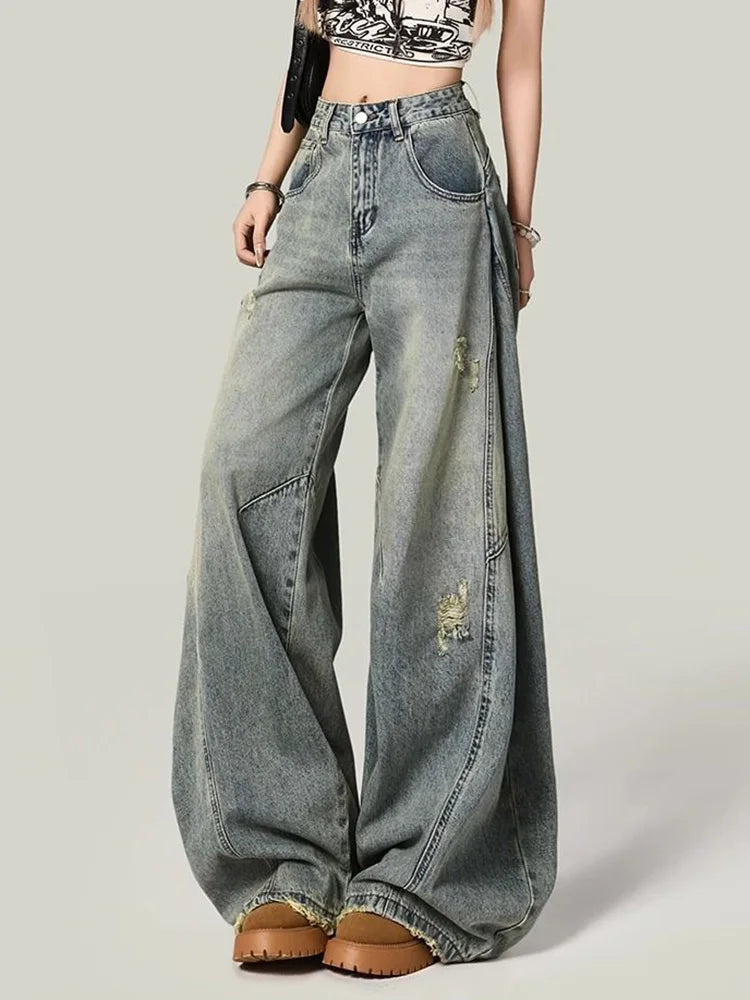 Bxoxo Women Y2K Hole Jeans Streetwear American Retro High Waist Loose Denim Pants Casual Hip Hop Vintage Pockets Lady Gothic Trousers