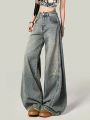 Bxoxo Women Y2K Hole Jeans Streetwear American Retro High Waist Loose Denim Pants Casual Hip Hop Vintage Pockets Lady Gothic Trousers