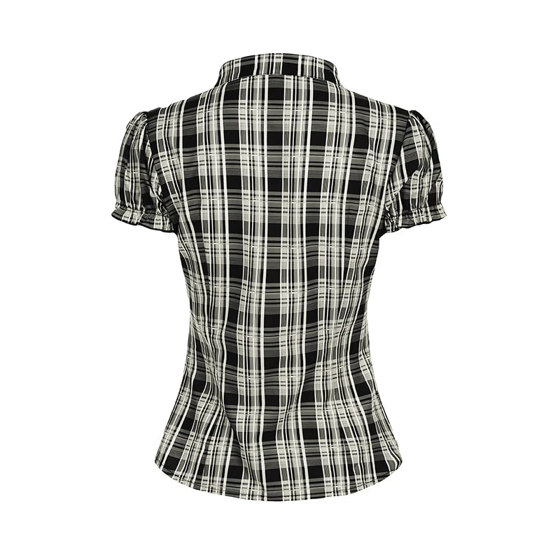 BXOXO French Chic Ruffles Elegant Women T-Shirts Simple Fashion Slim Fit All-Match Plaid V-Neck Blouses