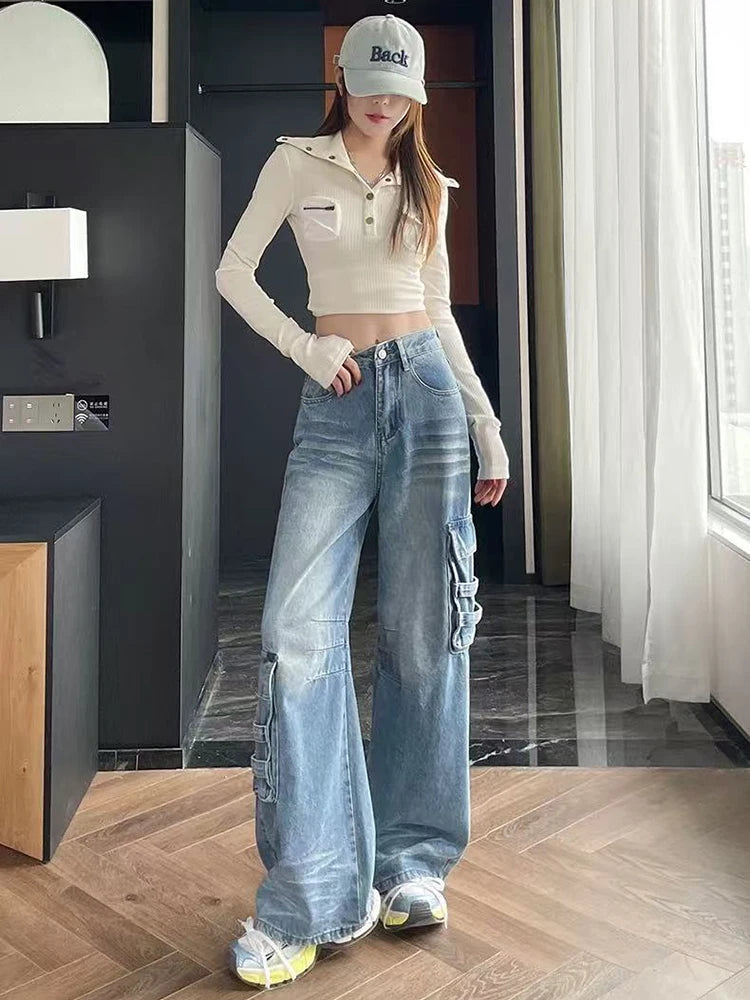 Bxoxo Street Vintage Cargo Jeans Women New Y2K Harajuku Wash Blue Multiple Pockets Baggy Jeans Denim Pants Bf High Waist Wide Trousers