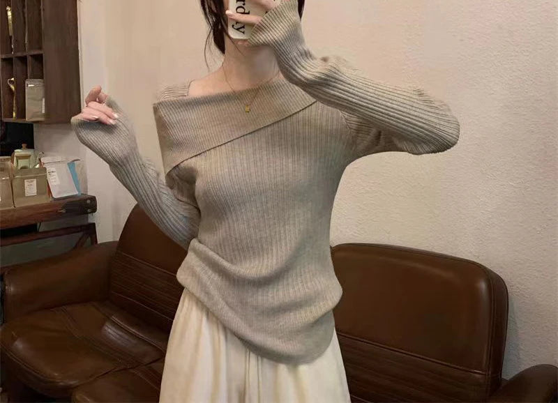 Bxoxo Women Off Shoulder Knit Sweater Slash Neck Long Sleeve Slim Knitwear Jumpers Office Sweater For Women 2024 Autumn Winter