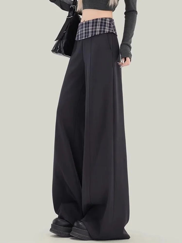 Bxoxo Plaid Patchwork Suit Pant Women Vintage Casual Korean High Waist Trouser Autumn Retro Loose Elegant Black Wide Leg Pant New